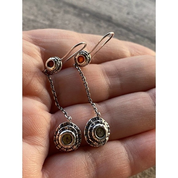 925 Sterling Silver Earrings Dangles Drops Peridot Garnet 3.46g - Picture 8 of 12